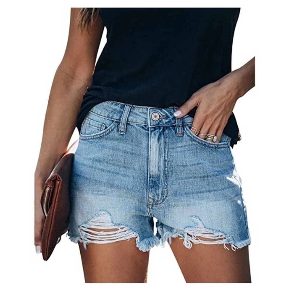 Folivora Blue Denim Distressed Frayed Hem Shorts Medium